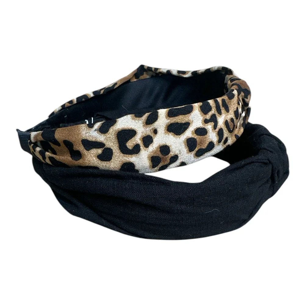 Madewell Set Of 2 Black & Leopard Print Knotted Middle Headbands NWT - Picture 2 of 4